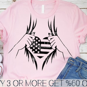 Mujer superhéroe SVG, 4 de julio SVG, bandera estadounidense SVG, Svg patriótico, camisa abierta, PNG, archivos para Cricut, descargas de diseños de sublimación