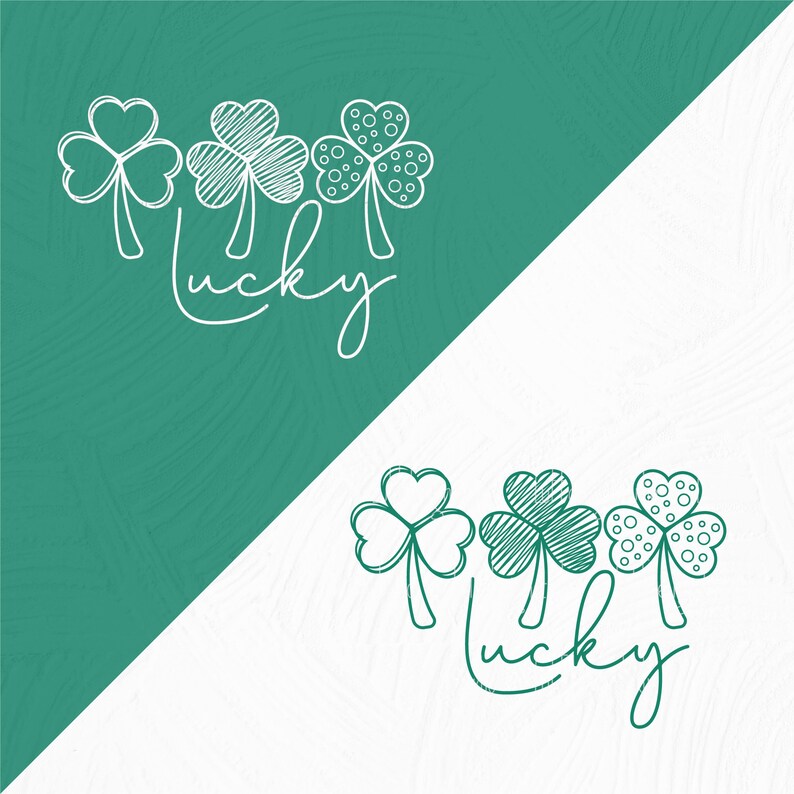 May include: A white graphic design of three shamrocks with the word "lucky" written in cursive below them. The shamrocks are on a green background and the word "lucky" is on a white background.
