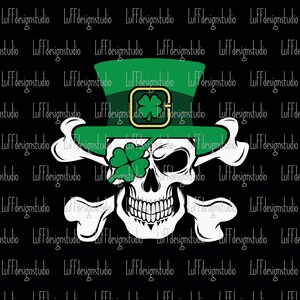 May include: A white skull wearing a green leprechaun hat with a gold buckle and a shamrock on the hat. The skull has crossed bones behind it and a shamrock covering one eye.