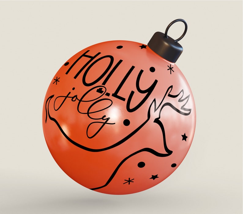 May include: A red Christmas bauble with a black reindeer and the words "Holly jolly" written on it.