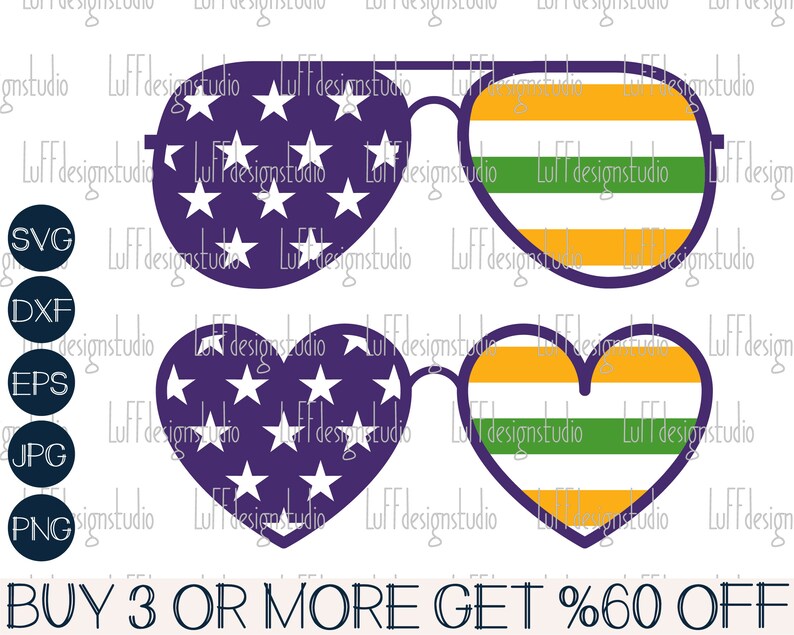 May include: Two pairs of sunglasses with a heart and aviator shape. The sunglasses are purple with white stars and orange, yellow, and green stripes. The text "BUY 3 OR MORE GET %60 OFF" is at the bottom of the image.