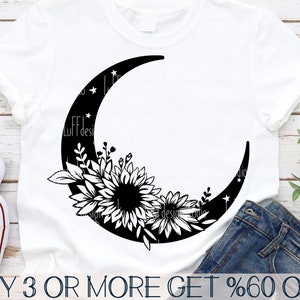 Lua SVG, Girassol SVG, Lua Floral SVG, Celestial Svg, Boho Svg, Lua Crescente Png, Arquivos Svg Para Cricut, Downloads De Designs De Sublimação