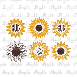 Puede incluir: Seis dise&ntilde;os diferentes de girasoles. Los girasoles son amarillos con centros marrones. Algunos tienen un monograma en el centro, otros tienen un estampado de leopardo y uno tiene un centro blanco.