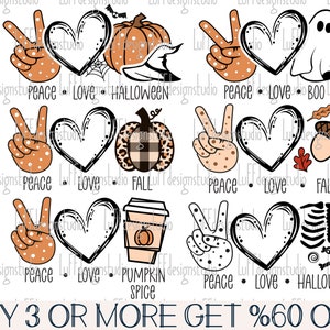 May include: Set of ten digital cut files featuring peace signs, hearts, and various fall and Halloween themed designs. The designs include a pumpkin, ghost, acorn, and a coffee cup with a pumpkin inside. The text "Peace Love Halloween" and "Peace Love Fall" are included in the design.