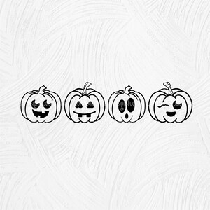 May include: Four black and white line drawings of jack-o'-lantern pumpkins with different facial expressions. The pumpkins are all the same size and shape.