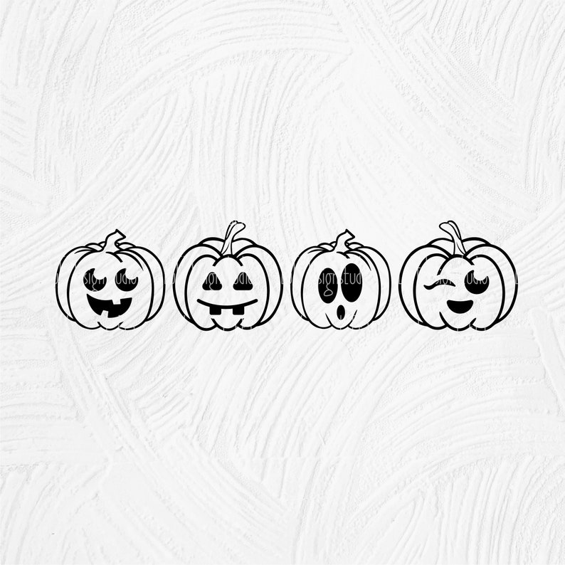 May include: Four black and white line drawings of jack-o'-lantern pumpkins with different facial expressions. The pumpkins are all the same size and shape.