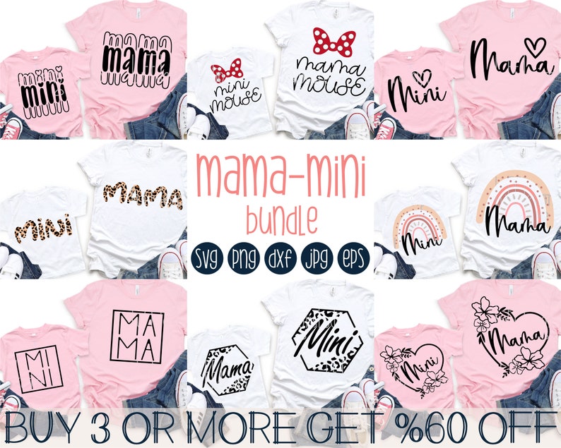 K&ouml;nnte beinhalten: Ein Set mit 10 SVG-Schneidedateien zum Basteln von Shirts mit dem Text "Mama" und "Mini" in verschiedenen Designs. Die Designs beinhalten einen Regenbogen, ein Herz, einen Leopardenprint und eine Maus mit Schleife. Der Text "Mama-mini bundle" wird in der Mitte des Bildes angezeigt. Der Text "Kaufe 3 oder mehr und erhalte 60% Rabatt" wird am unteren Rand des Bildes angezeigt.