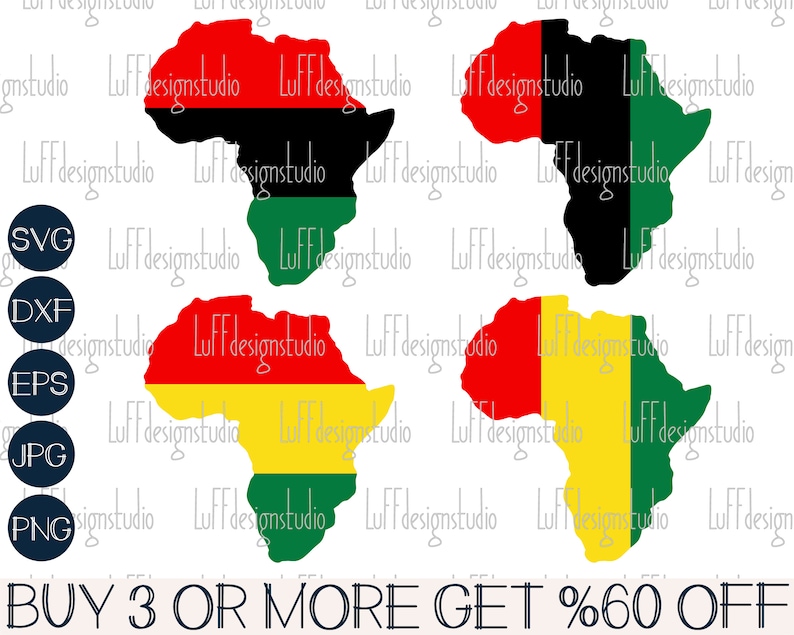 May include: Three different versions of the African continent outline, each with a different color scheme. The first is red, black, and green. The second is black, green, and red. The third is red, yellow, and green. The text "BUY 3 OR MORE GET %60 OFF" is at the bottom of the image.