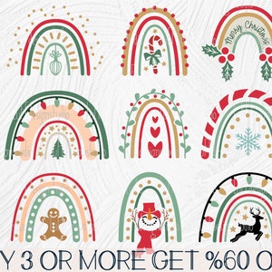 May include: Set of ten digital Christmas rainbow designs featuring various holiday elements, including a candy cane, a snowman, a gingerbread man, a reindeer, a snowflake, a Christmas tree, and a star. The rainbows are in shades of red, green, and gold.