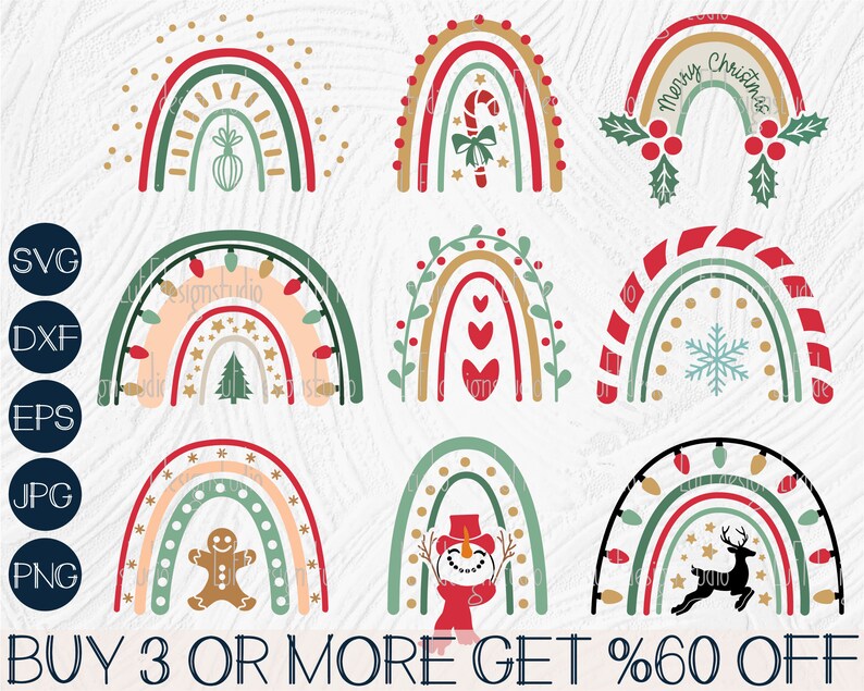May include: Set of ten digital Christmas rainbow designs featuring various holiday elements, including a candy cane, a snowman, a gingerbread man, a reindeer, a snowflake, a Christmas tree, and a star. The rainbows are in shades of red, green, and gold.