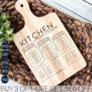 Tabla de cortar SVG, Conversiones de cocina SVG, Glowforge SVG, Láser SVG, PNG, Archivos SVG para Cricut, Descargas de diseños de sublimación
