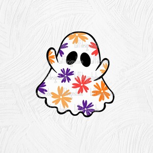 May include: A white ghost with a black outline is decorated with a pattern of orange, red, and purple flowers. The ghost has two black eyes.