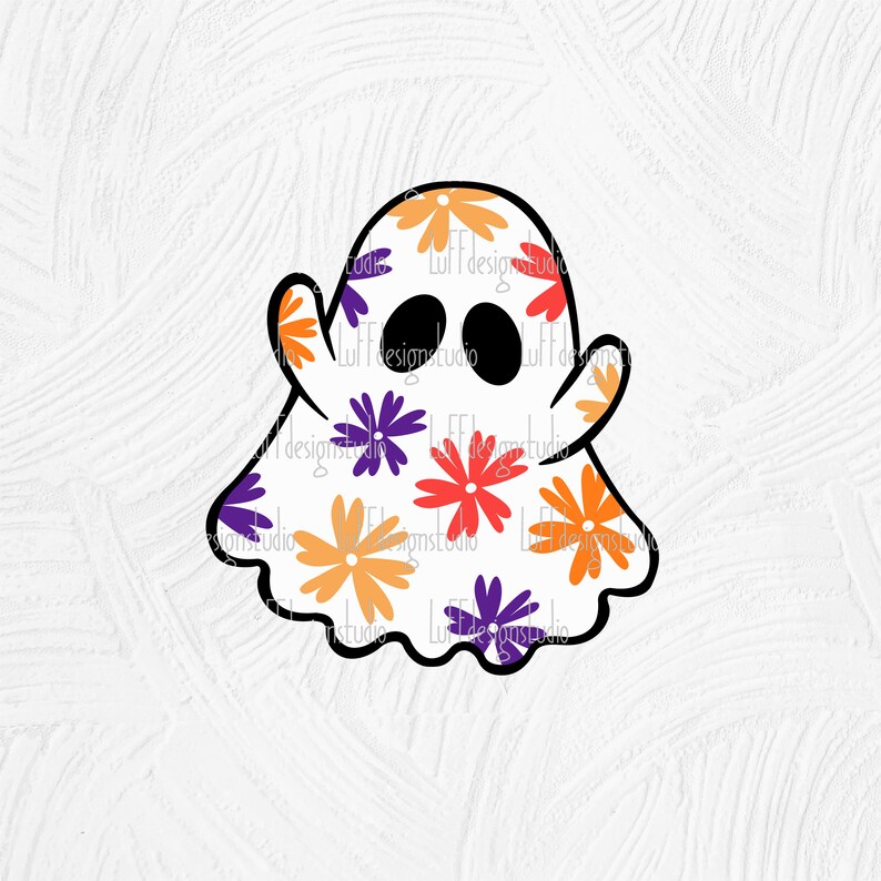 May include: A white ghost with a black outline is decorated with a pattern of orange, red, and purple flowers. The ghost has two black eyes.
