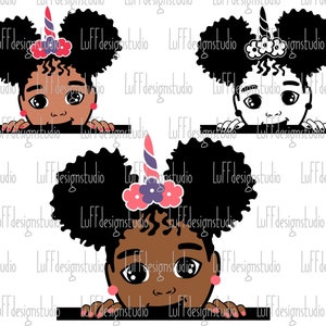 May include: A digital illustration of a Black girl with curly hair peeking over a surface. She is wearing a pink and purple flower headband with a unicorn horn. Her eyes are large and she is smiling.