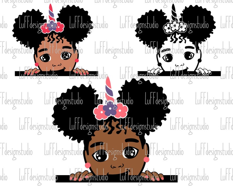 May include: A digital illustration of a Black girl with curly hair peeking over a surface. She is wearing a pink and purple flower headband with a unicorn horn. Her eyes are large and she is smiling.