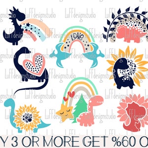 May include: A set of eight digital cut files featuring various dinosaur designs. The designs include a dinosaur with a heart, a dinosaur with a sunflower, a dinosaur with a rainbow, and a dinosaur with a love sign. The designs are perfect for creating personalized crafts, home decor, and more.