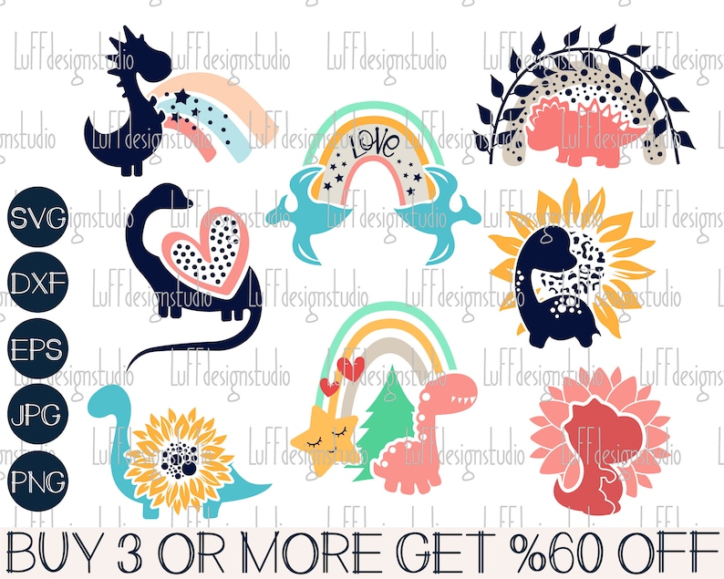 May include: A set of eight digital cut files featuring various dinosaur designs. The designs include a dinosaur with a heart, a dinosaur with a sunflower, a dinosaur with a rainbow, and a dinosaur with a love sign. The designs are perfect for creating personalized crafts, home decor, and more.