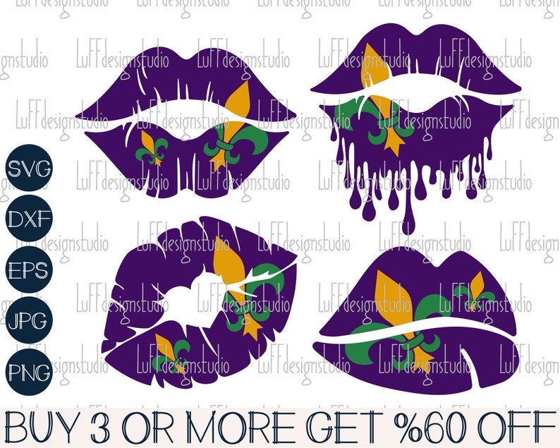 May include: Four purple lips with a gold and green fleur-de-lis design. The bottom two lips are dripping with purple paint. The text "BUY 3 OR MORE GET %60 OFF" is at the bottom of the image.