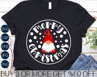 May include: A black t-shirt with a white circle design featuring a gnome with a red hat and the text "merry christmas".