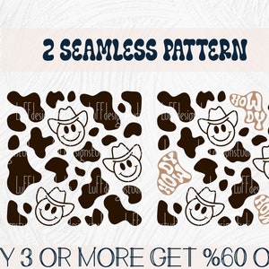 May include: Two seamless patterns featuring a black and white cow print background with smiling cowboy faces wearing hats and the word "Howdy" in a brown color.