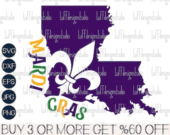 May include: Purple outline of the state of Louisiana with a white fleur-de-lis and the words "Mardi Gras" in yellow, green, and purple. The text "BUY 3 OR MORE GET %60 OFF" is at the bottom of the image.