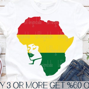May include: A white t-shirt with a red, yellow, and green silhouette of the African continent. The continent is styled as a woman's face with a closed eye and eyelashes. The text "BUY 3 OR MORE GET %60 OFF" is at the bottom of the image.