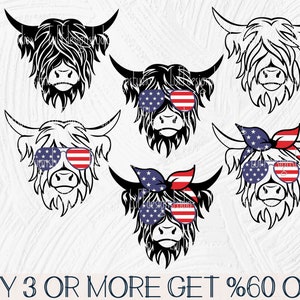 Puede incluir: Cinco siluetas de cabeza de vaca Highland en blanco y negro con accesorios tem&aacute;ticos de la bandera estadounidense. Las vacas llevan gafas de sol o bandanas rojas, blancas y azules. El texto "BUY 3 OR MORE GET %60 OFF" est&aacute; en la parte inferior de la imagen.