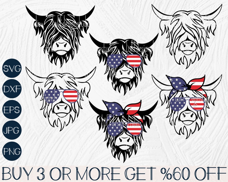 Puede incluir: Cinco siluetas de cabeza de vaca Highland en blanco y negro con accesorios tem&aacute;ticos de la bandera estadounidense. Las vacas llevan gafas de sol o bandanas rojas, blancas y azules. El texto "BUY 3 OR MORE GET %60 OFF" est&aacute; en la parte inferior de la imagen.