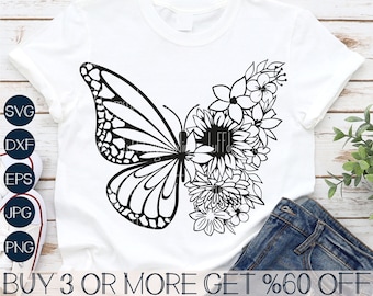 Vlinder SVG, zonnebloem SVG, bloemen vlinder PNG, bloemen Svg, zomershirt Svg, Png, Svg-bestanden voor de Cricut, sublimatie ontwerpen downloads