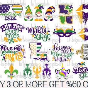 Pacote SVG de Mardi Gras, SVG de Louisiana, SVG de Nova Orleans, Lagostins, Flor de Lis, Lábios, Gnomo, Arquivos para Cricut, Downloads de Design de Sublimação