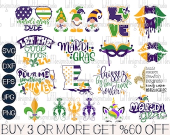 Mardi Gras SVG-bundel, Louisiana SVG, New Orleans SVG, langoesten, fleur de lis, lippen, kabouter, bestanden voor de Cricut, sublimatie ontwerpdownloads