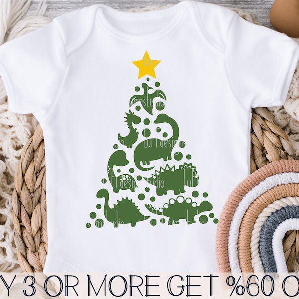 Dinosaure Noël SVG, chemise de Noël pour enfants SVG, arbre de Noël SVG, Dino Png bébés garçons, fichier Svg pour Cricut, téléchargements de dessins par sublimation