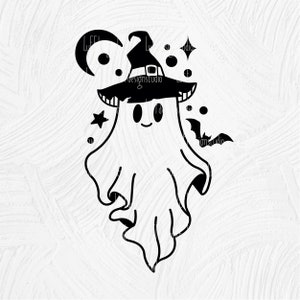 May include: A black and white illustration of a cute ghost wearing a witch hat with a star and crescent moon in the background.