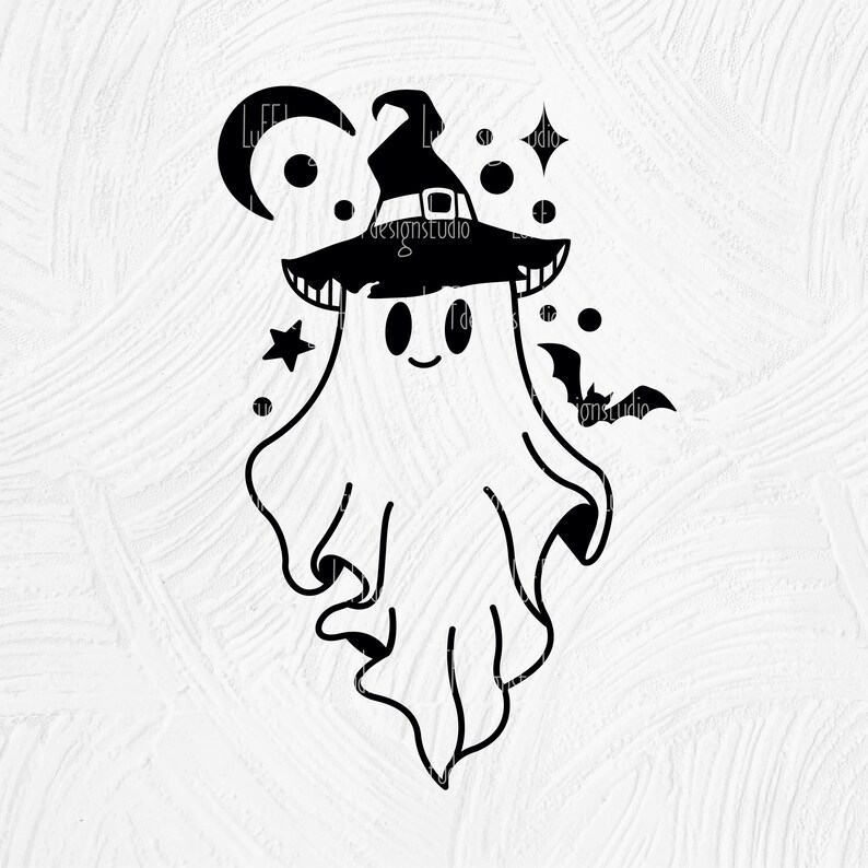 May include: A black and white illustration of a cute ghost wearing a witch hat with a star and crescent moon in the background.