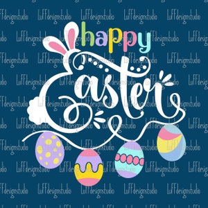 May include: White bunny ears with a pink bow on top, holding a banner with the text "Happy Easter" in rainbow colors.  The banner is decorated with three colorful Easter eggs.