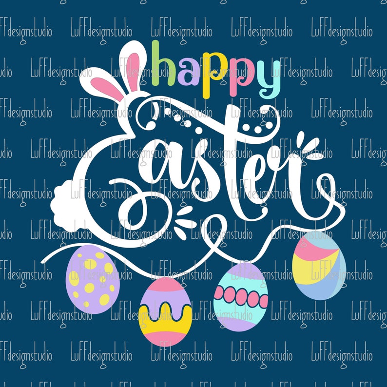 May include: White bunny ears with a pink bow on top, holding a banner with the text "Happy Easter" in rainbow colors.  The banner is decorated with three colorful Easter eggs.