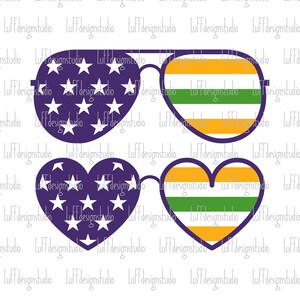 May include: Two pairs of sunglasses with heart-shaped frames. One pair has a purple frame with white stars and the other has a purple frame with green, yellow, and orange stripes.
