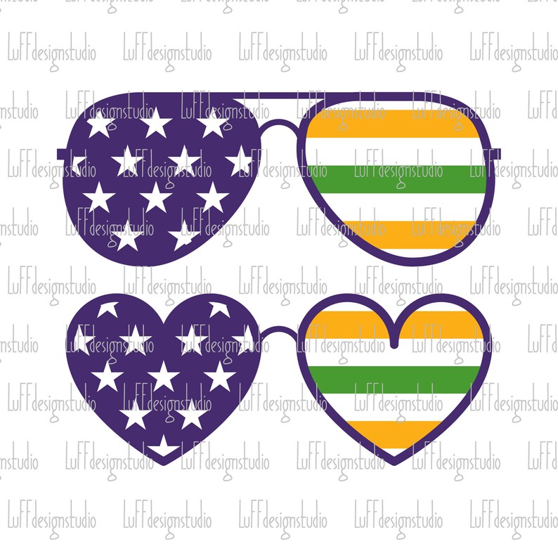 May include: Two pairs of sunglasses with heart-shaped frames. One pair has a purple frame with white stars and the other has a purple frame with green, yellow, and orange stripes.