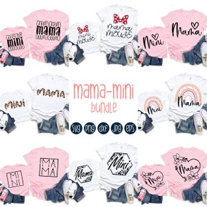 K&ouml;nnte beinhalten: Ein Set mit 10 SVG-Schneidedateien zum Basteln von Shirts mit dem Text "mama" und "mini" in verschiedenen Designs. Die Designs umfassen einen Leopardenprint, einen Regenbogen, florale und geometrische Muster. Der Text "mama-mini bundle" ist ebenfalls enthalten.