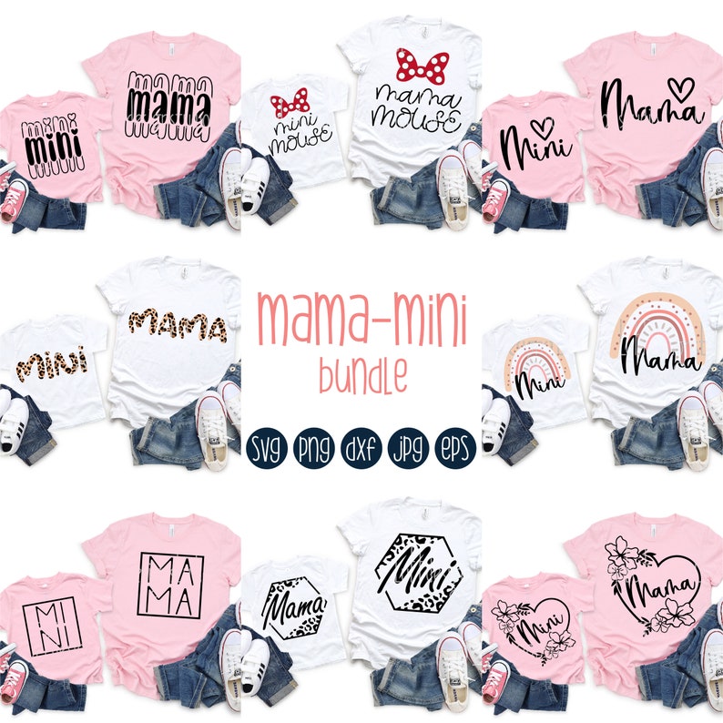 K&ouml;nnte beinhalten: Ein Set mit 10 SVG-Schneidedateien zum Basteln von Shirts mit dem Text "mama" und "mini" in verschiedenen Designs. Die Designs umfassen einen Leopardenprint, einen Regenbogen, florale und geometrische Muster. Der Text "mama-mini bundle" ist ebenfalls enthalten.