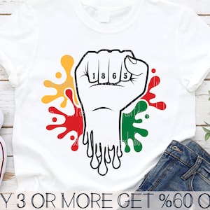 May include: Black and white silhouette of a raised fist with the numbers 1865 on the knuckles. The fist is surrounded by red, yellow, and green paint splatters.