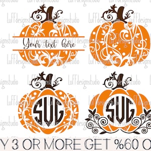 May include: Two orange pumpkin designs with intricate floral details. The top pumpkin has a space for text that says "Your text here". The bottom pumpkin has a space for a monogram.
