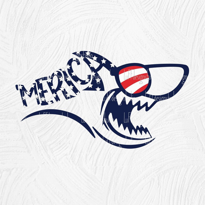May include: A blue and red shark with sunglasses that say "MERICA" in white letters. The shark is wearing red, white, and blue sunglasses with a red, white, and blue striped pattern.