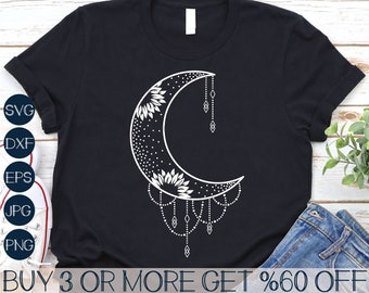 Boho Crescent Moon SVG, Dreamcatcher SVG, Sunflower Moon SVG, Celestial, Floral, Png, Svg Files For Cricut, Sublimation Designs Downloads