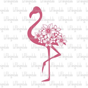 May include: Pink flamingo silhouette with white floral design. The flamingo is standing on one leg with its head turned to the side.
