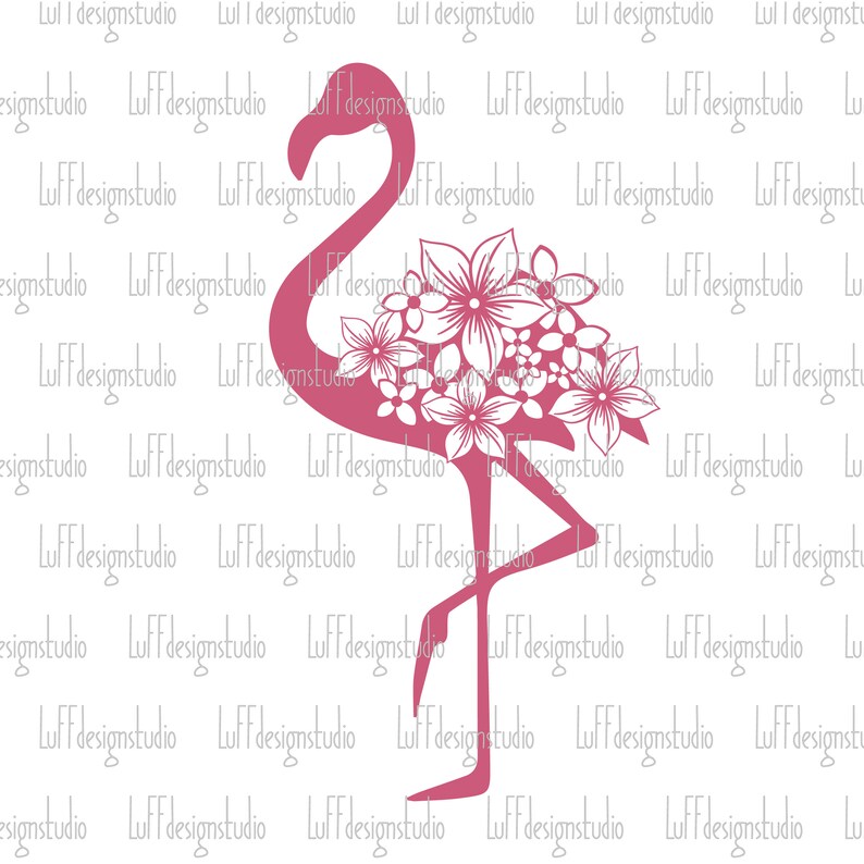 May include: Pink flamingo silhouette with white floral design. The flamingo is standing on one leg with its head turned to the side.