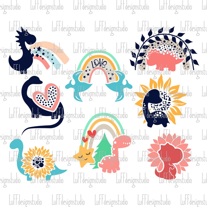 May include: A set of nine digital clipart images featuring dinosaurs, rainbows, and sunflowers. The dinosaurs are in various colors, including pink, blue, and green. The rainbows are in various colors, including red, orange, yellow, green, blue, indigo, and violet. The sunflowers are yellow with brown centers. The images are perfect for use in crafting projects, scrapbooking, and digital design.