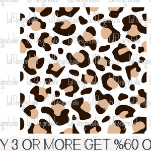 May include: A seamless pattern featuring brown and beige leopard spots on a white background. The pattern is perfect for crafting projects, fabric, and digital designs.