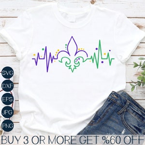 Mardi Gras Heartbeat SVG, Louisiana SVG, Mardi Gras PNG, Fleur De Lis Svg, Png, Files for Cricut, Silhouette, Sublimation Design Downloads