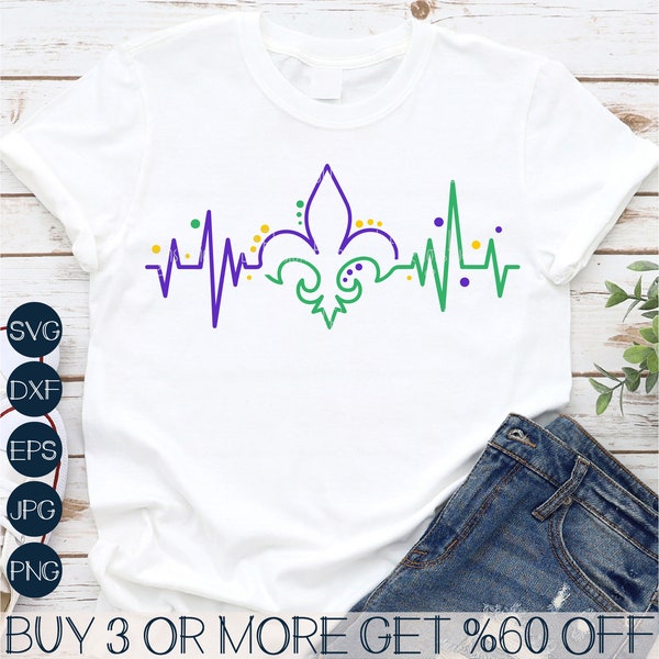 Mardi Gras Heartbeat SVG, Louisiana SVG, Mardi Gras PNG, Fleur De Lis Svg, Png, Files for Cricut, Silhouette, Sublimation Design Downloads